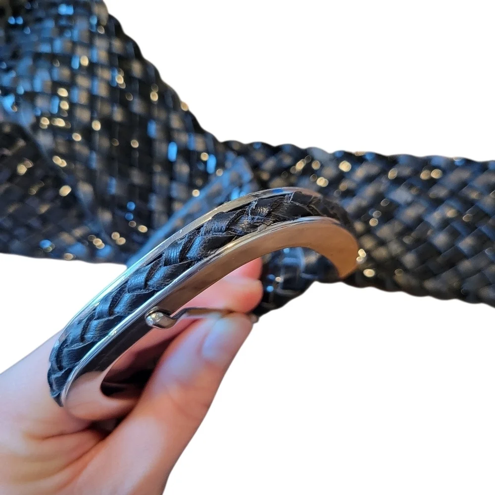 Black Wide Stretchy Braided Chunky Buckle Belt